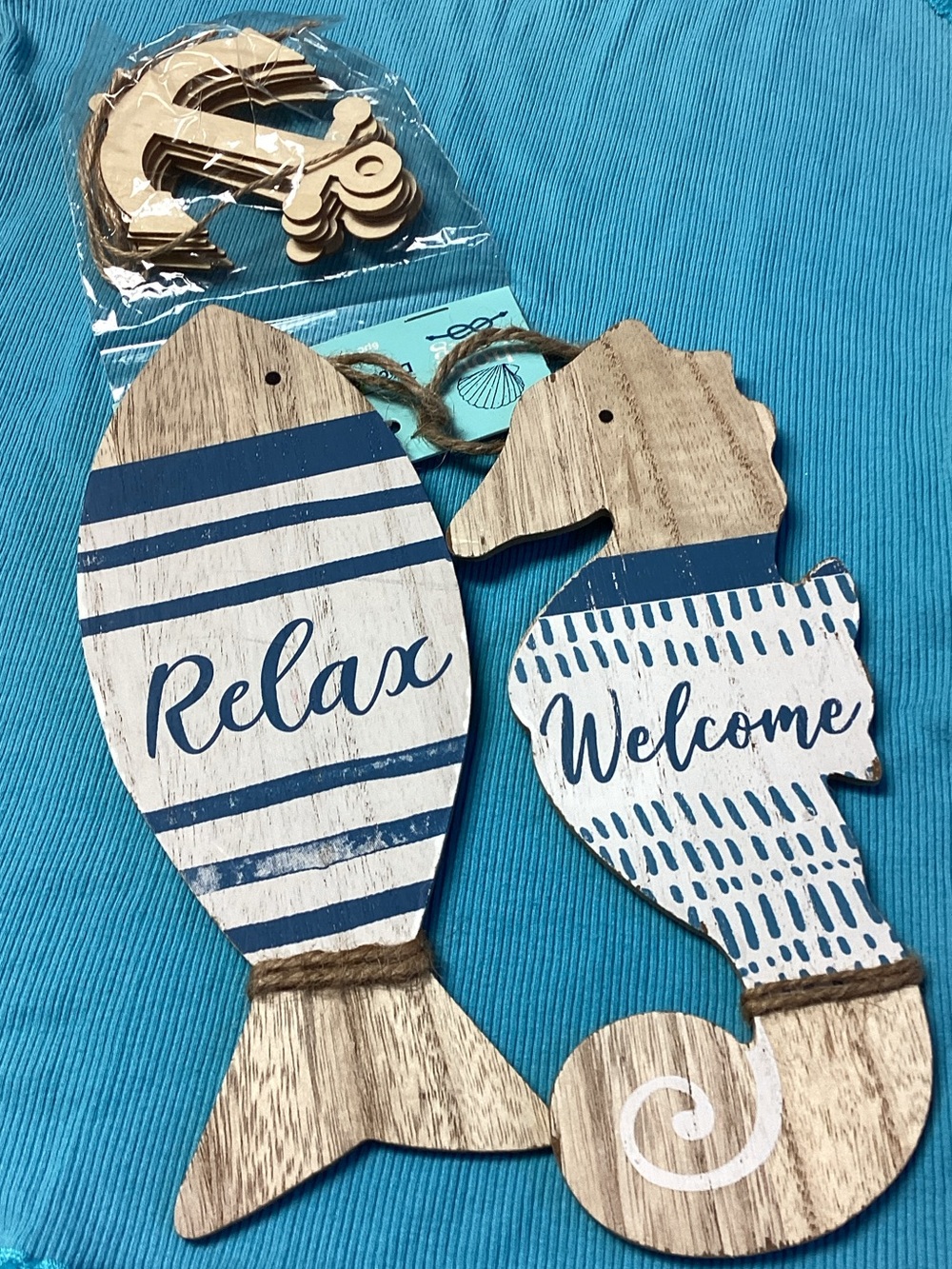 Coastal 'Relax' & 'Welcome' Wooden Fish and Seahorse Wall Plaques - Blue